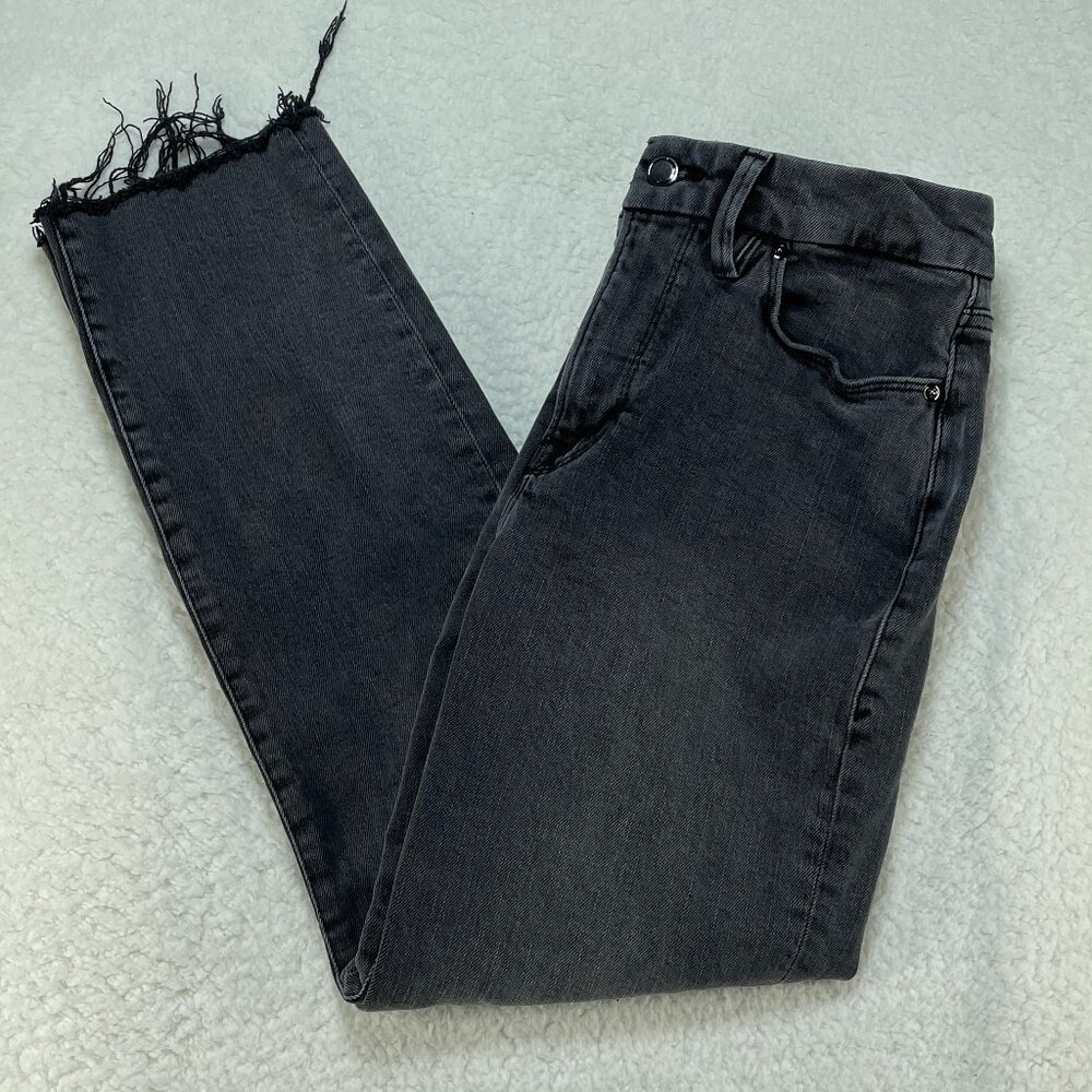 Good American Jeans Womens Size 4 Black High Rise Straight Leg Raw Hem 28x26